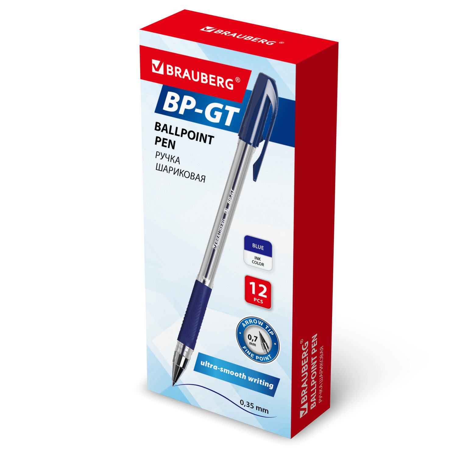 Ручка шариковая BRAUBERG "BP-GT", СИНЯЯ, корпус прозрачный, стандартный узел 0,7 мм, линия письма 0,
