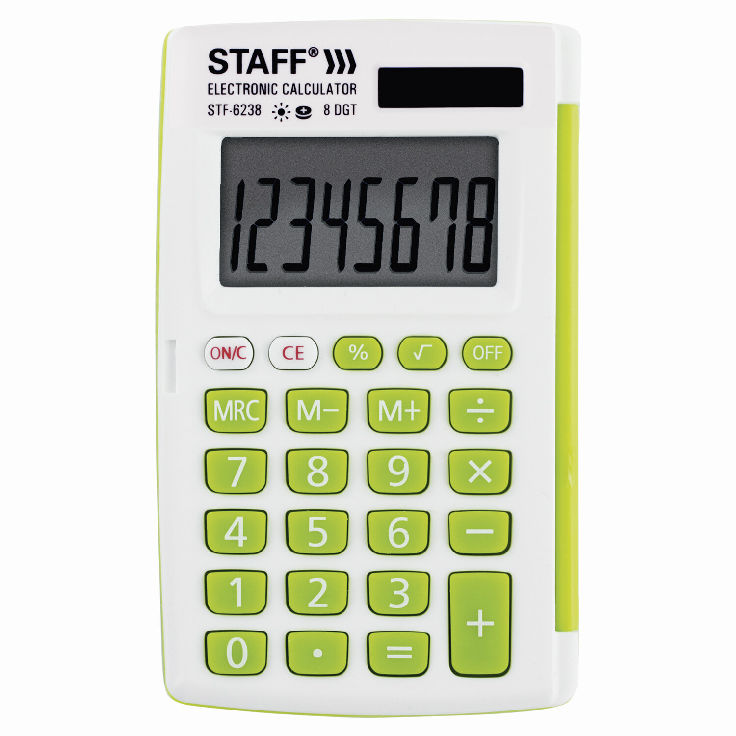 Калькулятор карманный STAFF STF-6238 (104х63 мм), 8 разядов, двойное питание, БЕЛЫЙ С ЗЕЛЁНЫМИ КНОПК