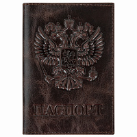 Обложка для паспорта натуральная кожа пулап, 3D герб + тиснение "ПАСПОРТ", темно-коричневая, BRAUBER