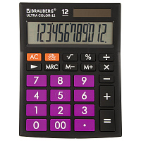 Калькулятор настольный BRAUBERG ULTRA COLOR-12-BKPR (192x143 мм), 12 разрядов, двойное питание, ЧЕРН