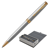 Ручка шариковая PARKER "Sonnet Core Stainless Steel GT", серебристый корпус, позолоченные детали, че