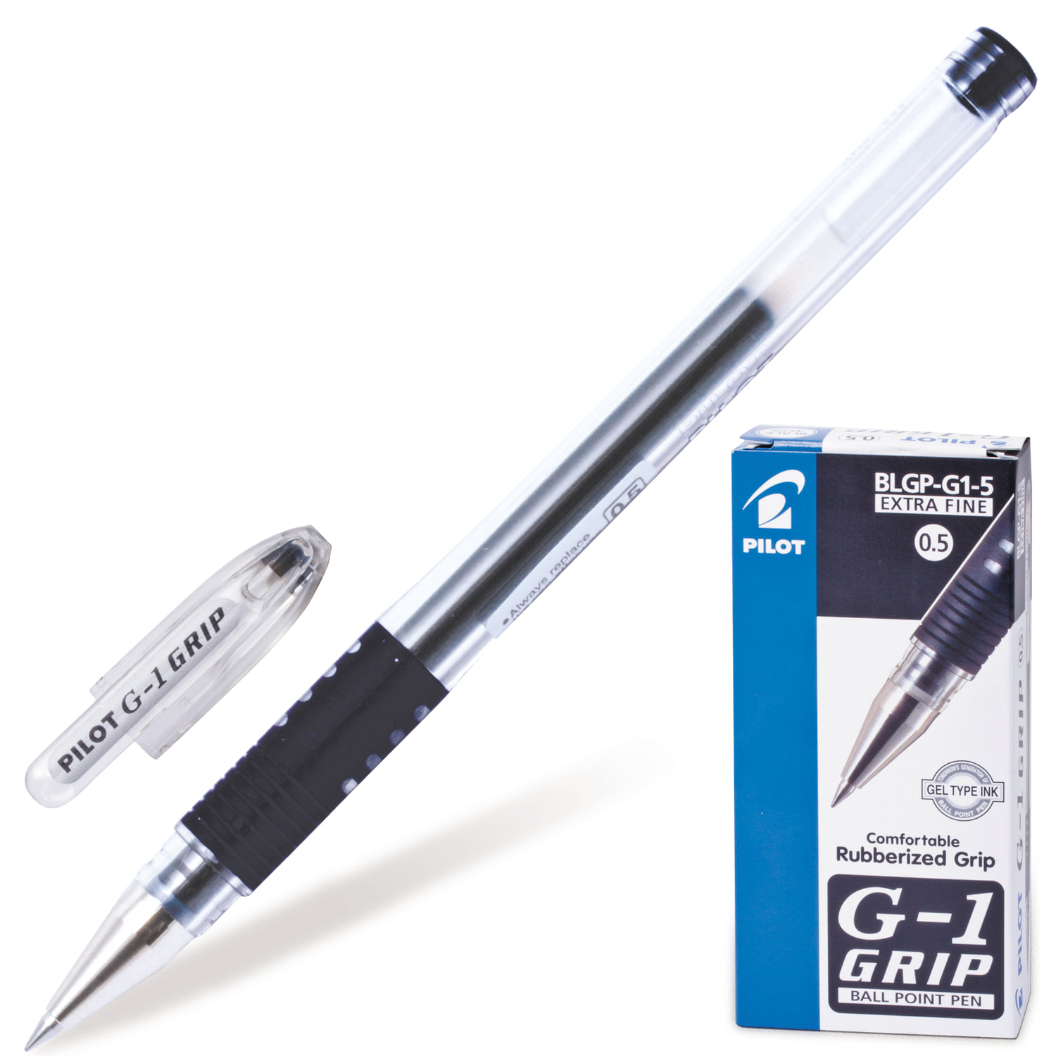 Ручка гелевая с грипом PILOT "G-1 Grip", ЧЕРНАЯ, корпус прозрачный, узел 0,5 мм, линия письма 0,3 мм