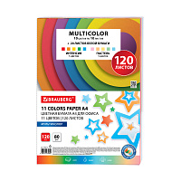 Бумага цветная 11 цветов BRAUBERG "MULTICOLOR", А4, 80 г/м2, 120 л. (10 цветов x 10 листов + 20 белы