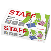 Зажимы для бумаг STAFF "Profit", КОМПЛЕКТ 12 шт., 19 мм, на 60 листов, цветные, картонная коробка, 2