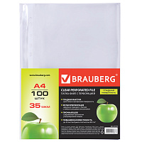 Папки-файлы перфорированные, А4, BRAUBERG, комплект 100 шт., гладкие, "Яблоко", 35 мкм, 221710