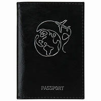 Обложка для паспорта натуральная кожа "наплак", тиснение серебром "Airplane", черная, BRAUBERG, 2382