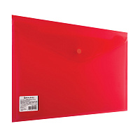 Папка-конверт с кнопкой BRAUBERG, А4, до 100 листов, прозрачная, красная, СВЕРХПРОЧНАЯ 0,18 мм, 2248