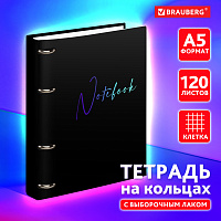 Тетрадь на кольцах А5 160х212 мм, 120 листов, картон, выборочный лак, клетка, BRAUBERG, "Notebook", 