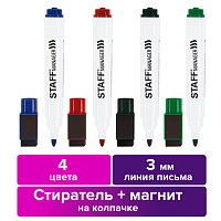 Маркеры для белой доски на магните со стирателем, НАБОР 4 цвета, STAFF "Manager" WBM-002, 3 мм, 1520