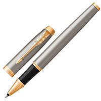 Ручка-роллер PARKER "IM Core Brushed Metal GT", корпус серебристый матовый лак, позолоченные детали,