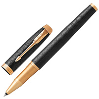 Ручка-роллер PARKER "IM Premium Black GT", корпус черный матовый с гравировкой, позолоченные детали,