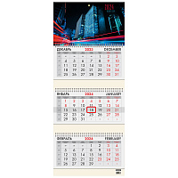 Календарь квартальный на 2024 г., 3 блока, 3 гребня, с бегунком, офсет, BRAUBERG, "Night City", 1152