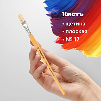 Кисть ПИФАГОР, ЩЕТИНА, плоская, № 12, деревянная лакированная ручка, пакет с подвесом, 200875